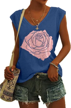 Fazortev Womens Cap Sleeve Blouses Rose Graphic Tees T-Shirt Casual V Neck Tank Tops Loose Fit Summer Basic Shirts
