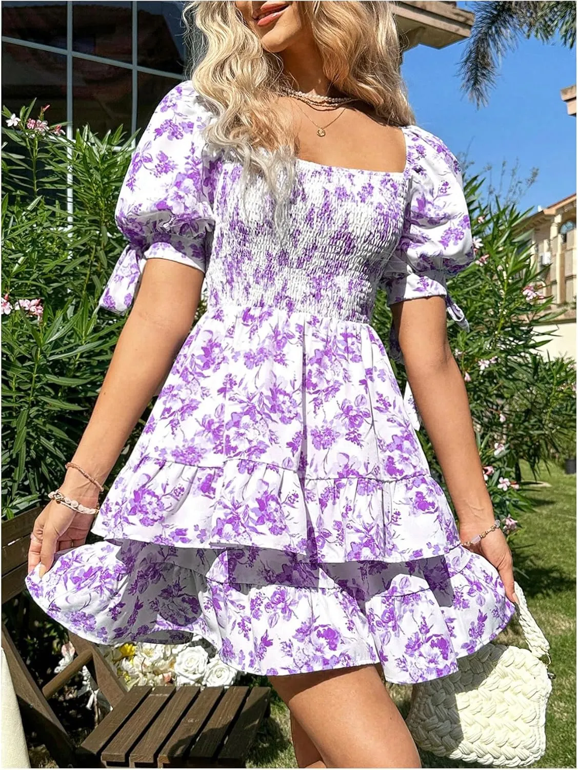 Floerns Women's Floral Print Puff Sleeve Square Neck Tiered Layer Shirred Dresses