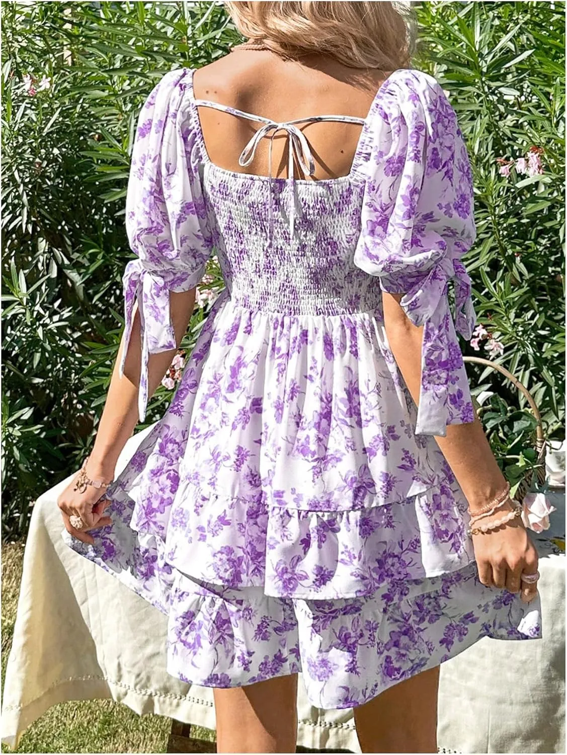 Floerns Women's Floral Print Puff Sleeve Square Neck Tiered Layer Shirred Dresses