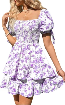Floerns Women's Floral Print Puff Sleeve Square Neck Tiered Layer Shirred Dresses
