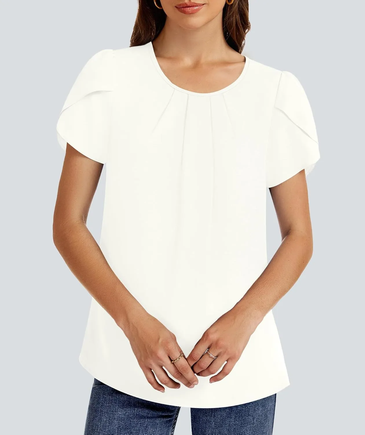 Funlingo Womens Summer Tops Dressy Casual Short Sleeve Tunic Chiffon Blouse Business Pleated Crew Neck Loose Flowy Shirts