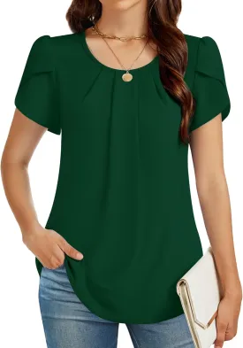 Funlingo Womens Summer Tops Dressy Casual Short Sleeve Tunic Chiffon Blouse Business Pleated Crew Neck Loose Flowy Shirts
