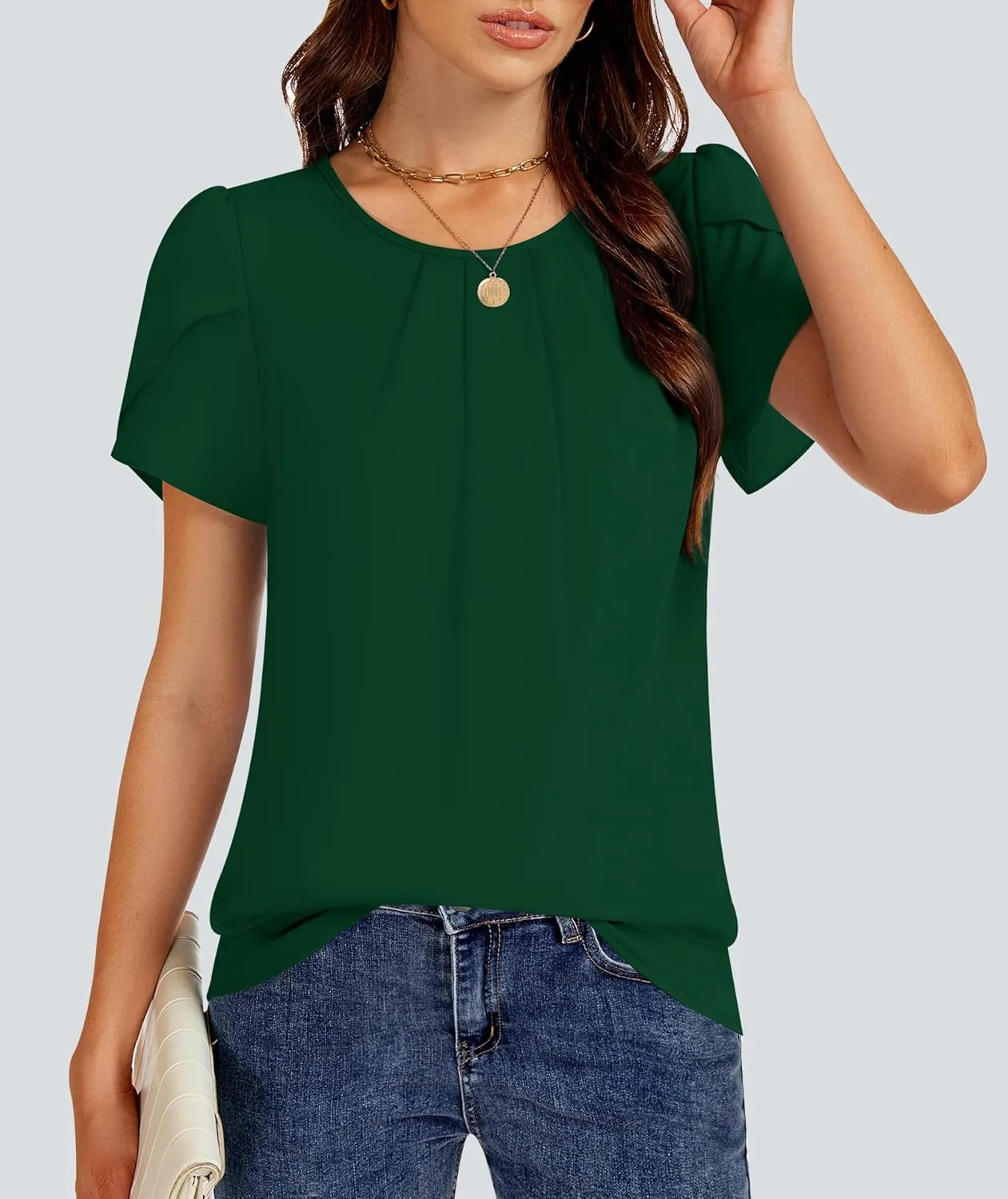 Funlingo Womens Summer Tops Dressy Casual Short Sleeve Tunic Chiffon Blouse Business Pleated Crew Neck Loose Flowy Shirts