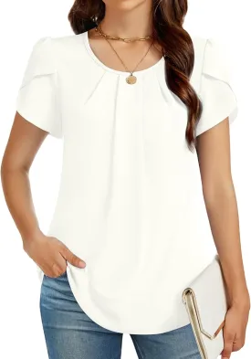 Funlingo Womens Summer Tops Dressy Casual Short Sleeve Tunic Chiffon Blouse Business Pleated Crew Neck Loose Flowy Shirts