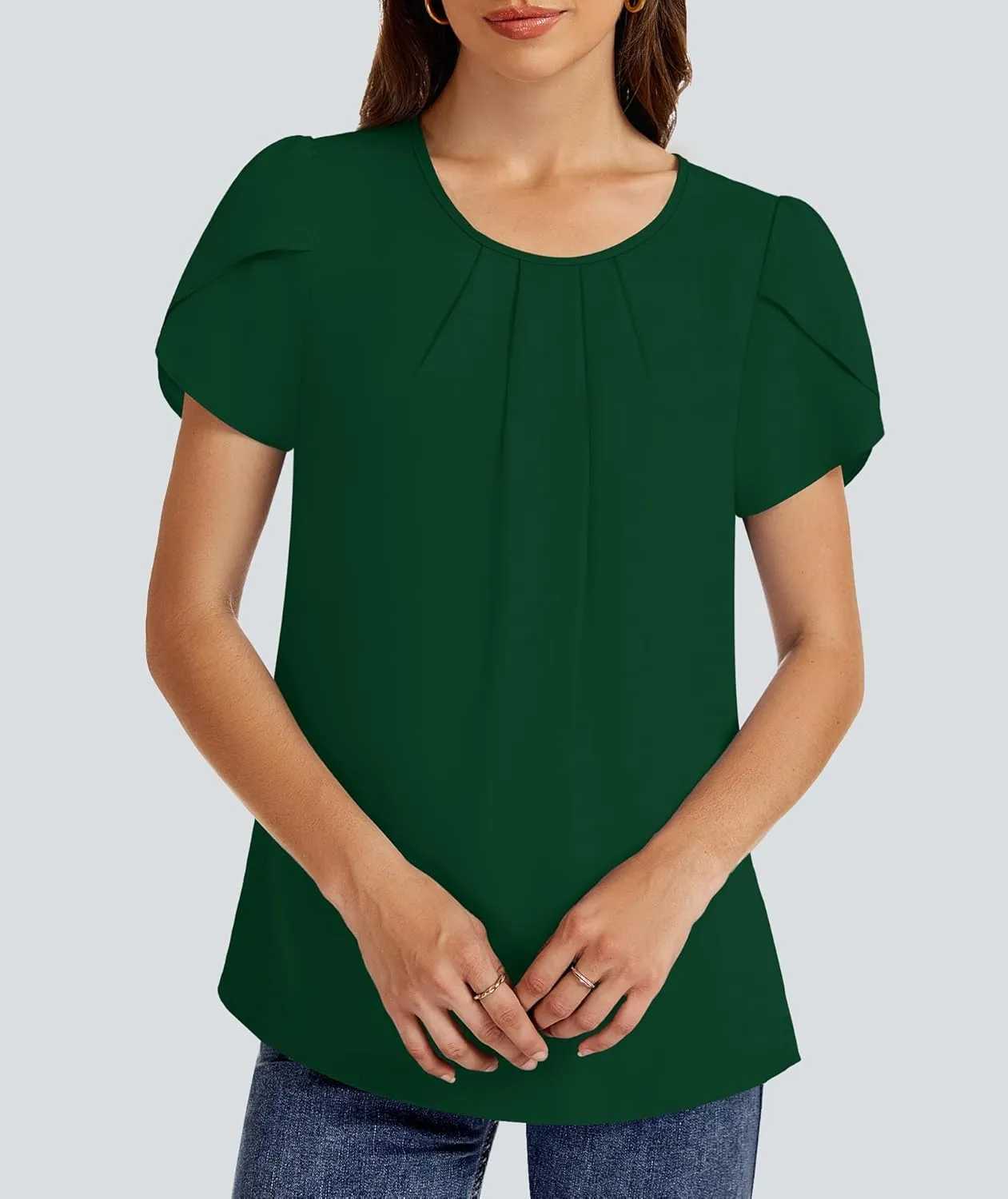 Funlingo Womens Summer Tops Dressy Casual Short Sleeve Tunic Chiffon Blouse Business Pleated Crew Neck Loose Flowy Shirts