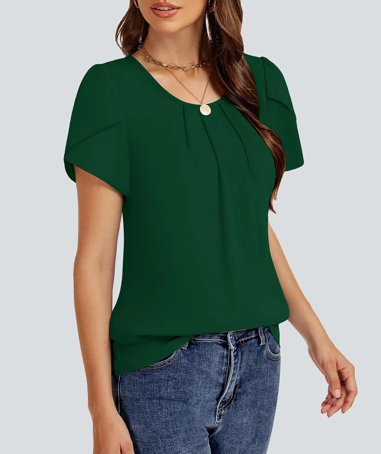 Funlingo Womens Summer Tops Dressy Casual Short Sleeve Tunic Chiffon Blouse Business Pleated Crew Neck Loose Flowy Shirts