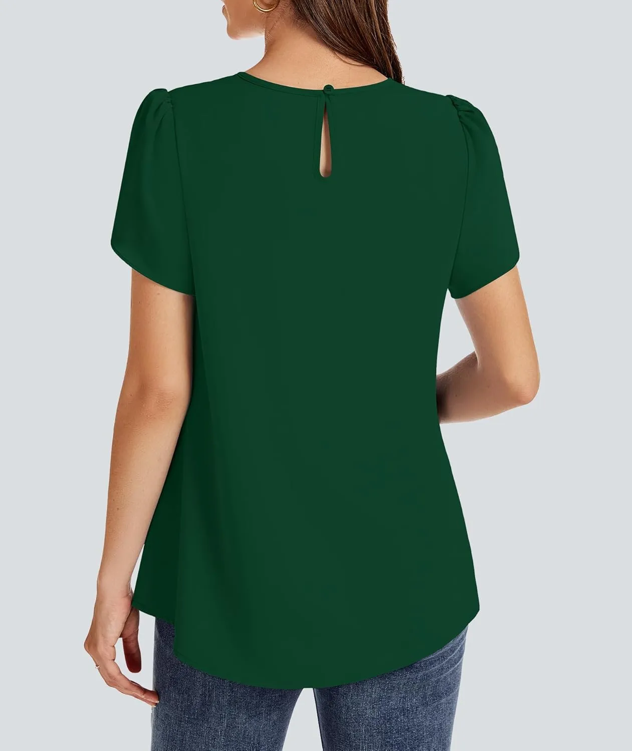Funlingo Womens Summer Tops Dressy Casual Short Sleeve Tunic Chiffon Blouse Business Pleated Crew Neck Loose Flowy Shirts
