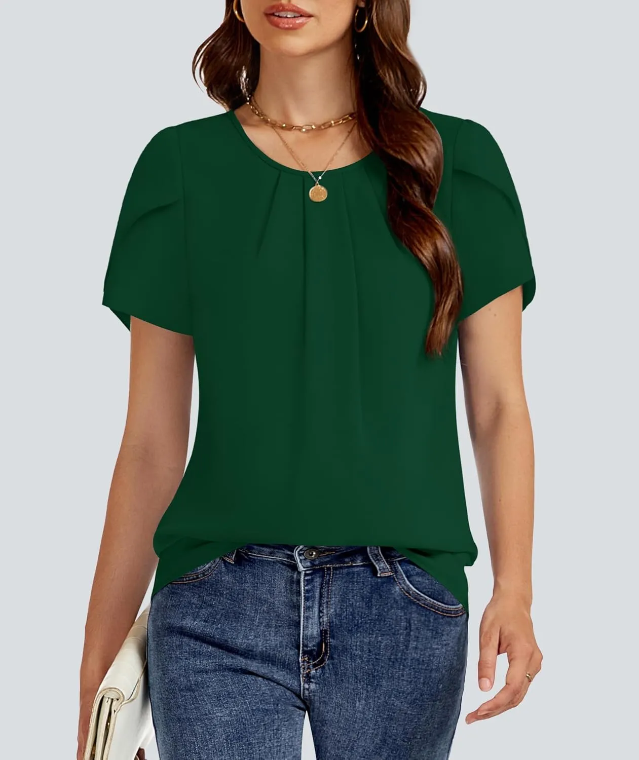 Funlingo Womens Summer Tops Dressy Casual Short Sleeve Tunic Chiffon Blouse Business Pleated Crew Neck Loose Flowy Shirts