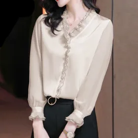 Graduation Gifts  2023 Spring New Lace Ruffles Chiffon Shirts Women Plus Size Clothing Office Lady Long Sleeve Pullovers Elegant Blouse 4XL 18313