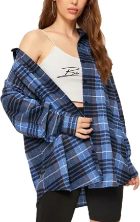 HangNiFang Womens Flannel Plaid Shirts Oversized Button Down Shirts Blouse Tops