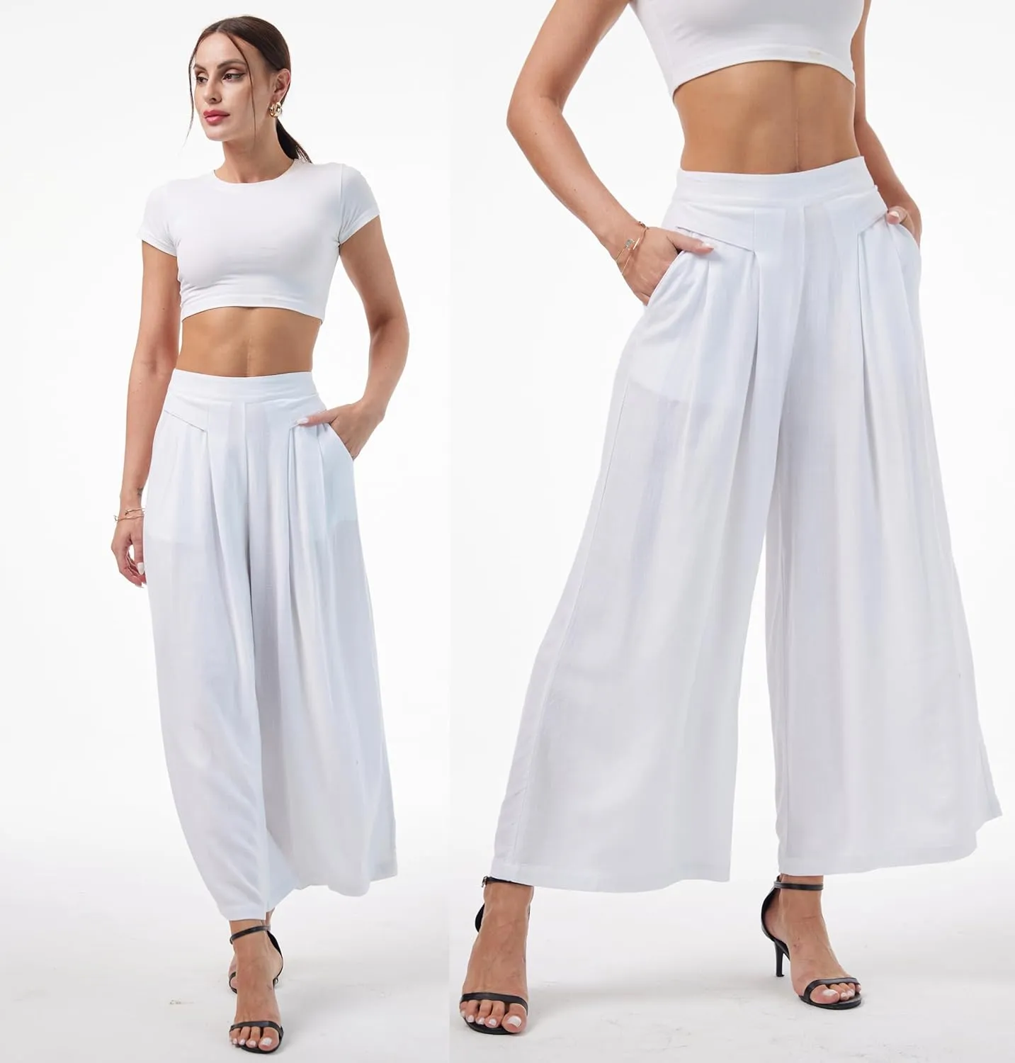heipeiwa Women' s Culottes Linen Pants Summer Casual Flowy Beach Cotton Linen Wide Leg Palazzo Pants