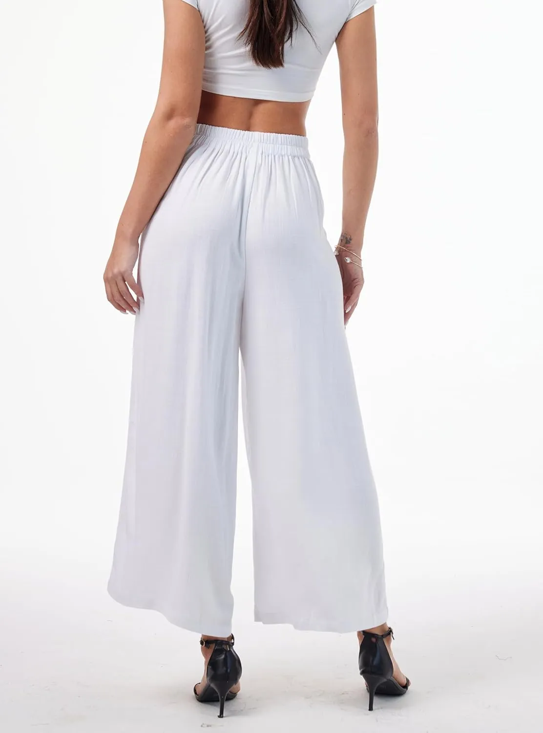 heipeiwa Women' s Culottes Linen Pants Summer Casual Flowy Beach Cotton Linen Wide Leg Palazzo Pants