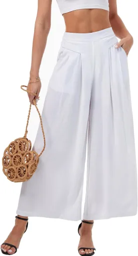 heipeiwa Women' s Culottes Linen Pants Summer Casual Flowy Beach Cotton Linen Wide Leg Palazzo Pants