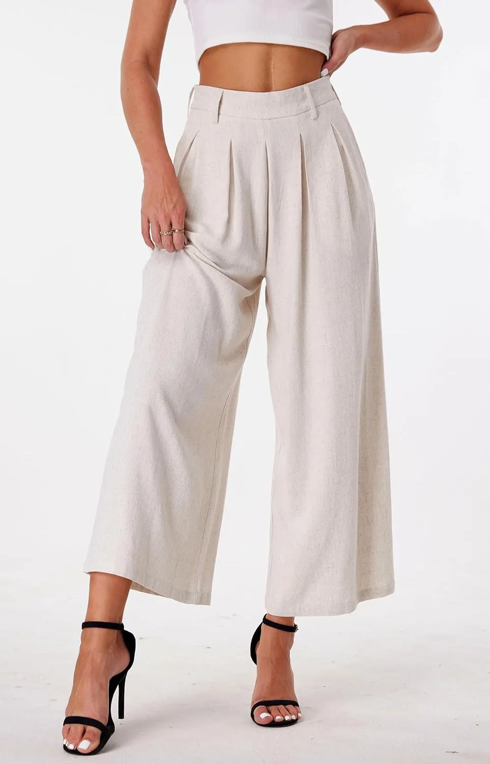 heipeiwa Women' s Culottes Linen Pants Summer Vacation Beach Capris Crop Casual Wide Leg Palazzo Pants