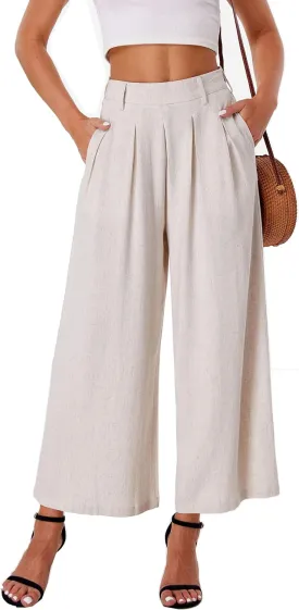 heipeiwa Women' s Culottes Linen Pants Summer Vacation Beach Capris Crop Casual Wide Leg Palazzo Pants