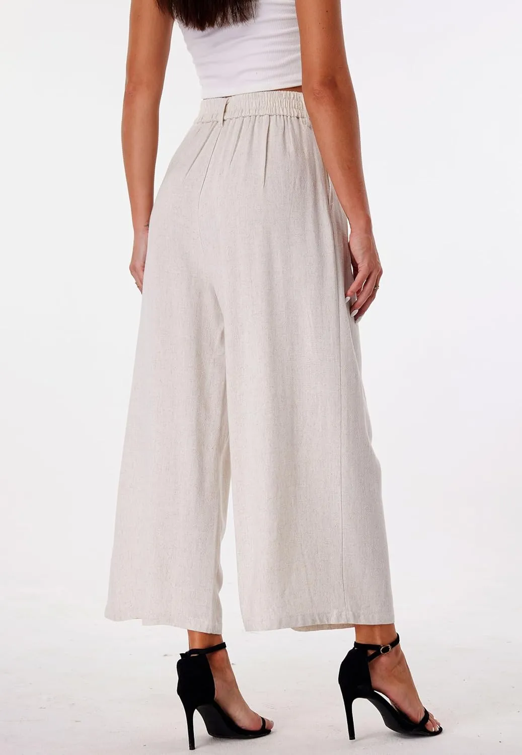 heipeiwa Women' s Culottes Linen Pants Summer Vacation Beach Capris Crop Casual Wide Leg Palazzo Pants