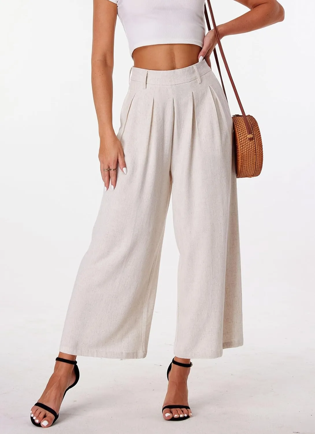 heipeiwa Women' s Culottes Linen Pants Summer Vacation Beach Capris Crop Casual Wide Leg Palazzo Pants