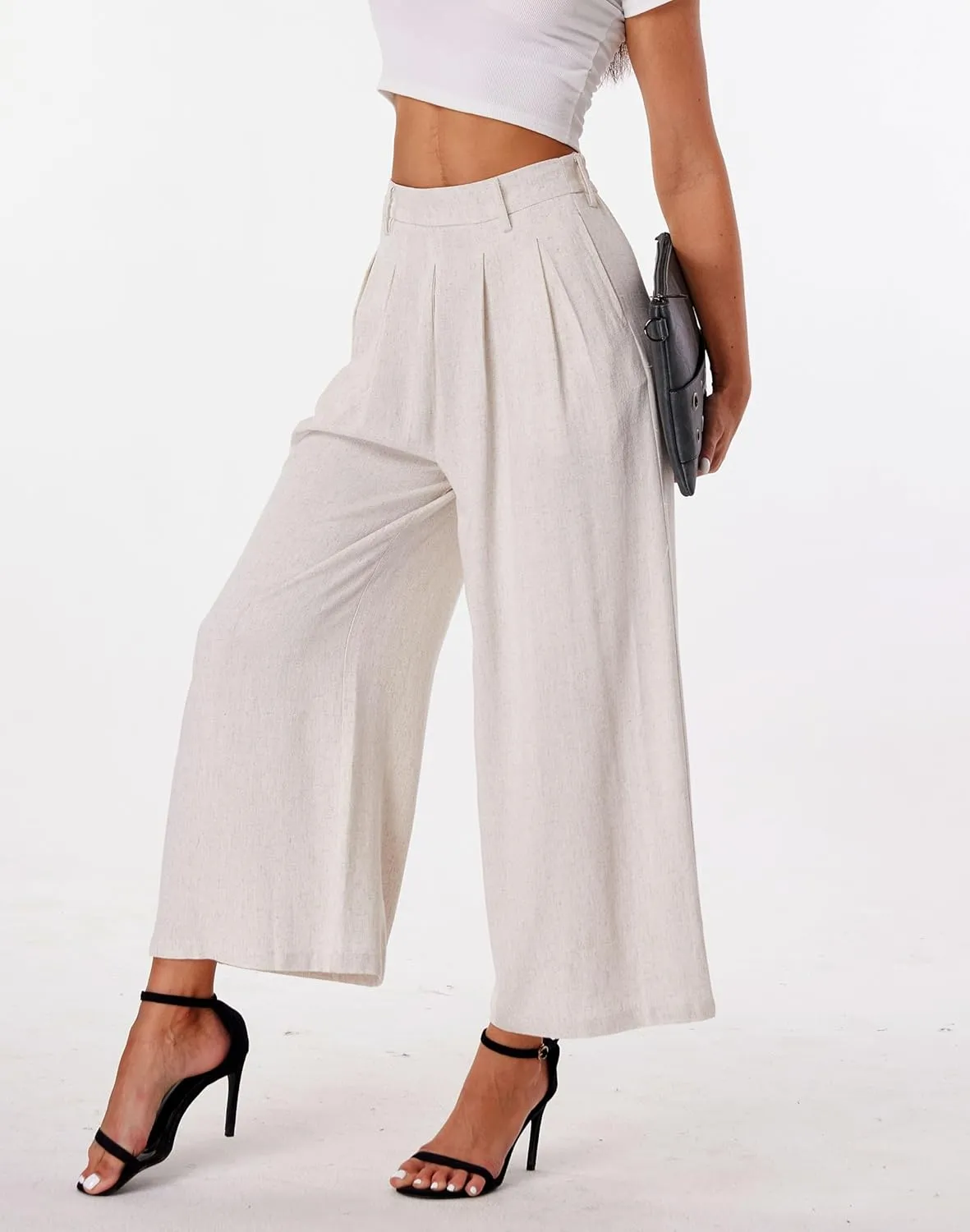 heipeiwa Women' s Culottes Linen Pants Summer Vacation Beach Capris Crop Casual Wide Leg Palazzo Pants