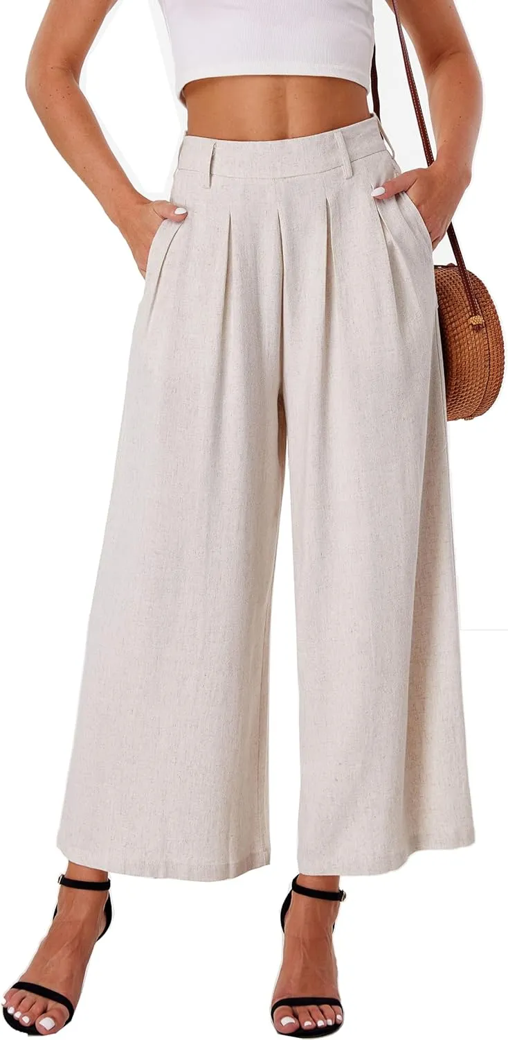 heipeiwa Women' s Culottes Linen Pants Summer Vacation Beach Capris Crop Casual Wide Leg Palazzo Pants