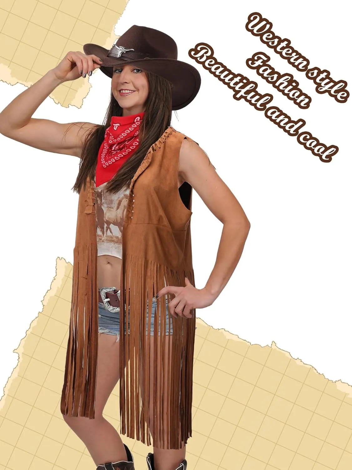 Hercicy Western Outfits for Women Cowgirl Tassel Sleeveless Vest Cowboy Hat Belt and Paisley Bandana for Halloween Dress Up