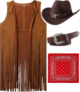 Hercicy Western Outfits for Women Cowgirl Tassel Sleeveless Vest Cowboy Hat Belt and Paisley Bandana for Halloween Dress Up