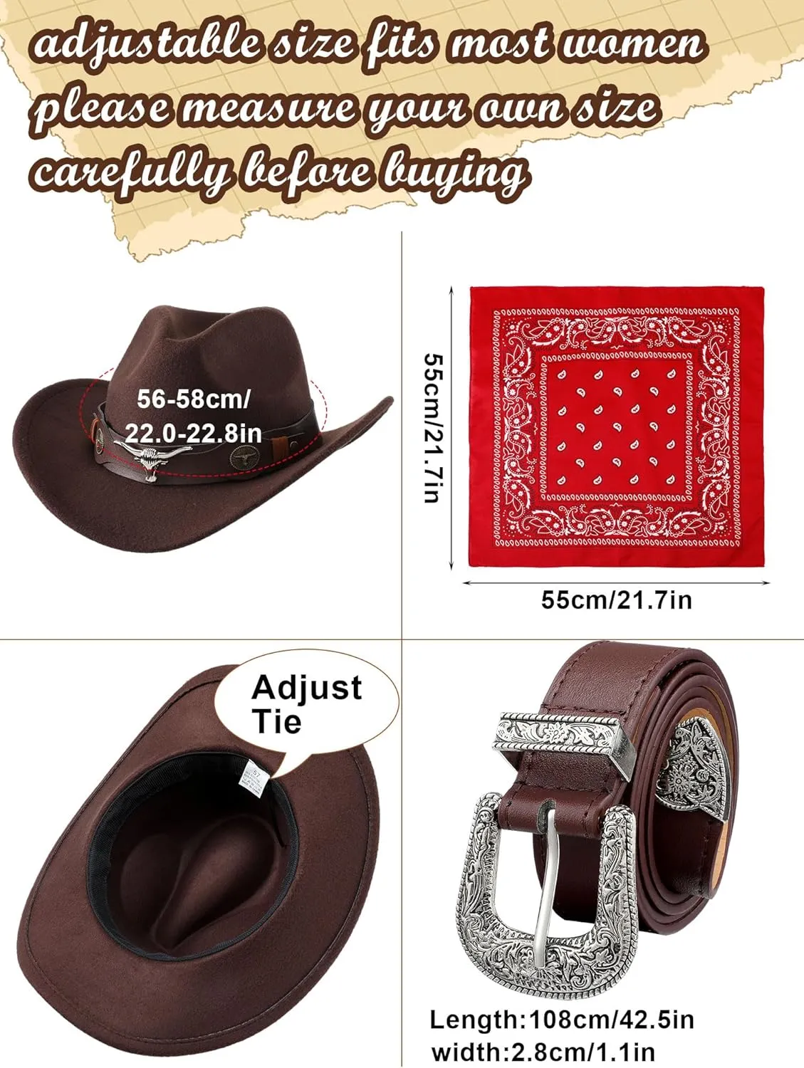 Hercicy Western Outfits for Women Cowgirl Tassel Sleeveless Vest Cowboy Hat Belt and Paisley Bandana for Halloween Dress Up