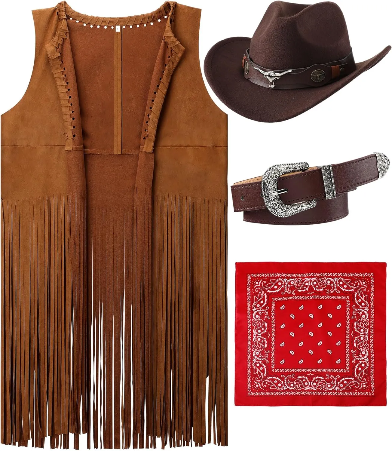 Hercicy Western Outfits for Women Cowgirl Tassel Sleeveless Vest Cowboy Hat Belt and Paisley Bandana for Halloween Dress Up