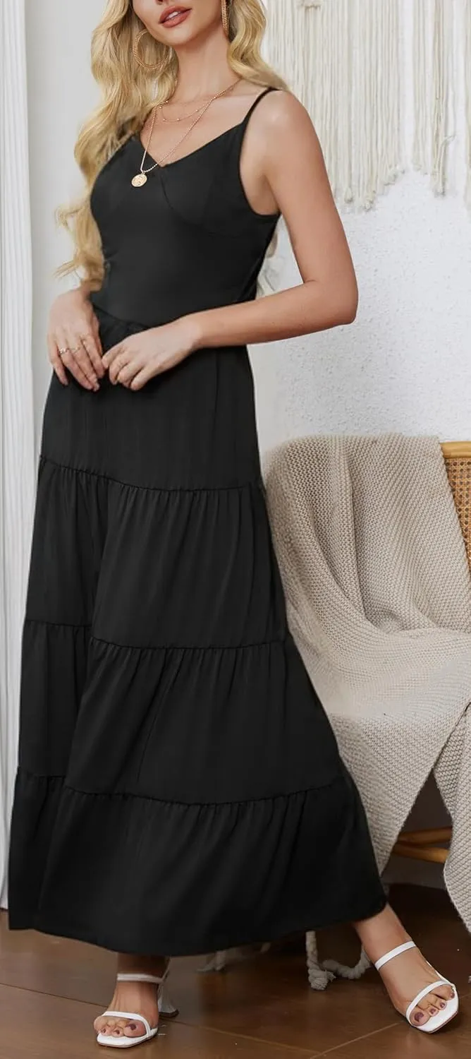 HipGlamp Women's Summer Flowy Tiered Maxi Dress Elegant Spaghetti Strap with Ruffled Skirt Beach Vacations Parties