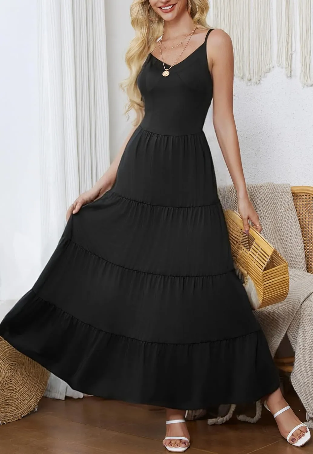HipGlamp Women's Summer Flowy Tiered Maxi Dress Elegant Spaghetti Strap with Ruffled Skirt Beach Vacations Parties