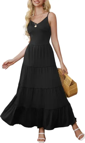 HipGlamp Women's Summer Flowy Tiered Maxi Dress Elegant Spaghetti Strap with Ruffled Skirt Beach Vacations Parties