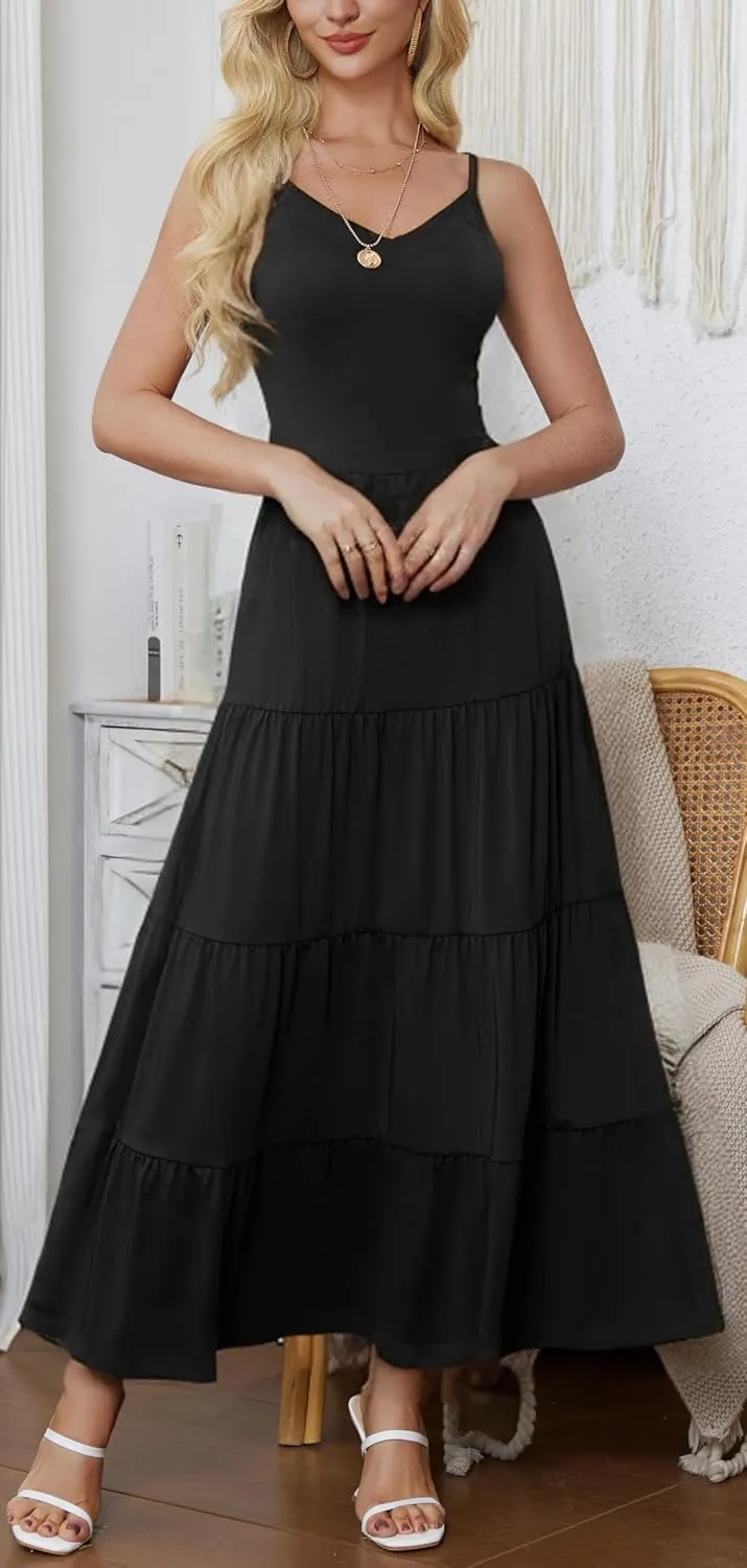 HipGlamp Women's Summer Flowy Tiered Maxi Dress Elegant Spaghetti Strap with Ruffled Skirt Beach Vacations Parties