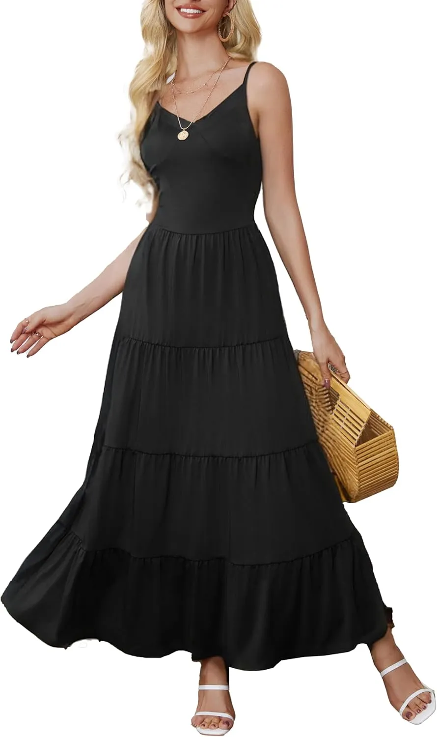 HipGlamp Women's Summer Flowy Tiered Maxi Dress Elegant Spaghetti Strap with Ruffled Skirt Beach Vacations Parties