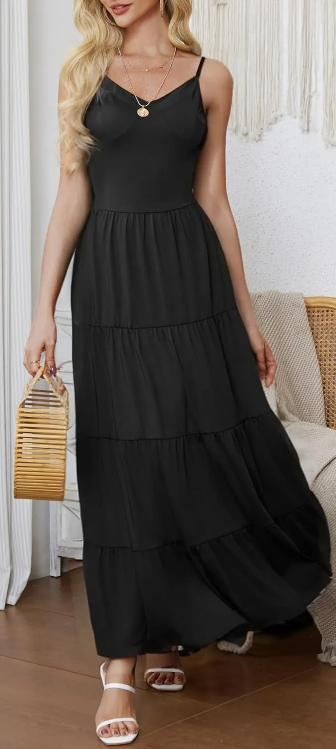 HipGlamp Women's Summer Flowy Tiered Maxi Dress Elegant Spaghetti Strap with Ruffled Skirt Beach Vacations Parties