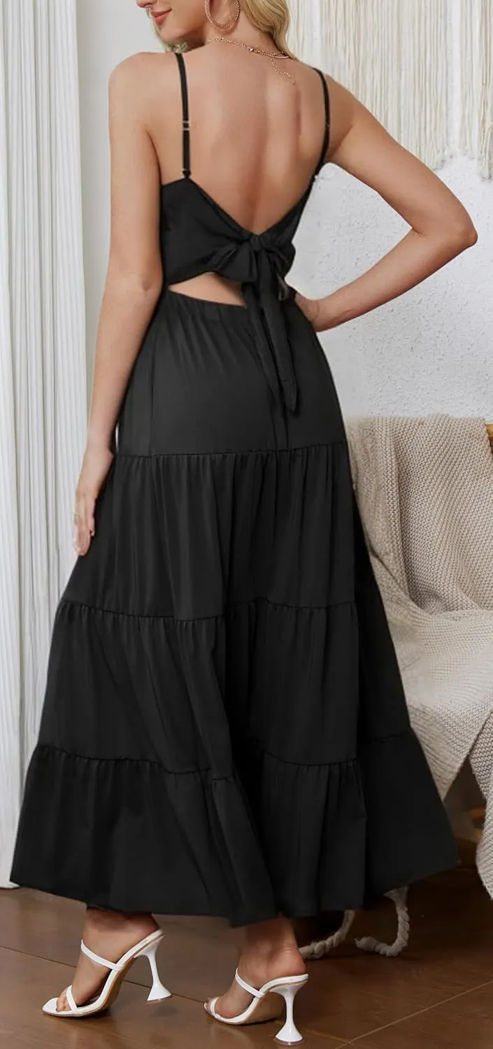 HipGlamp Women's Summer Flowy Tiered Maxi Dress Elegant Spaghetti Strap with Ruffled Skirt Beach Vacations Parties