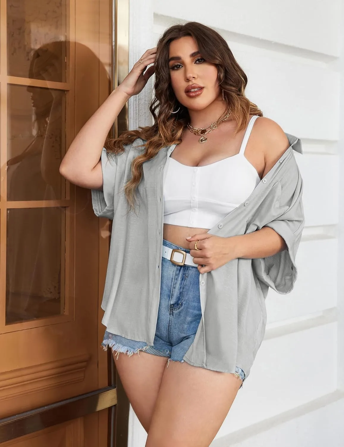 IN'VOLAND Womens Plus Size Shirts Short Sleeve Button Down Shirts V Neck Casual Blouses Tops