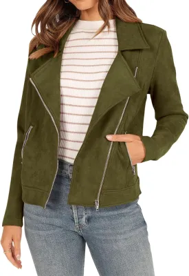 KIRUNDO Womens Faux Suede Jacket 2024 Fall Winter Clothes Casual Zipper Cropped Coat Bomber Biker Moto Jackets Outwear