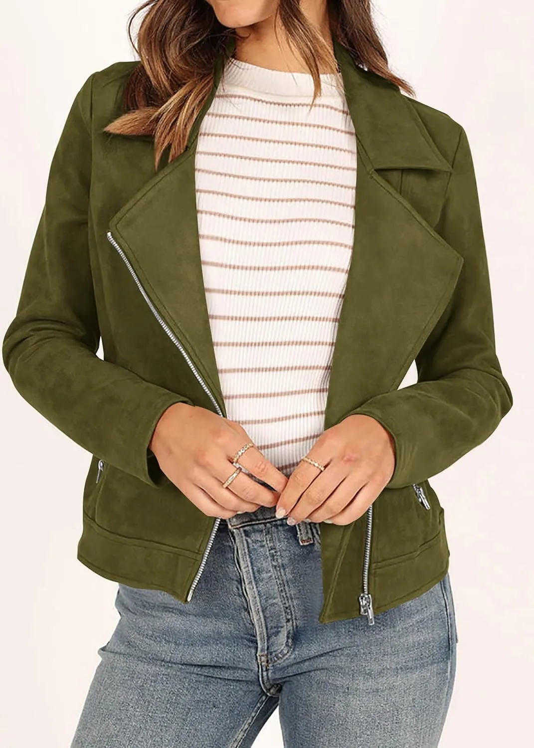 KIRUNDO Womens Faux Suede Jacket 2024 Fall Winter Clothes Casual Zipper Cropped Coat Bomber Biker Moto Jackets Outwear