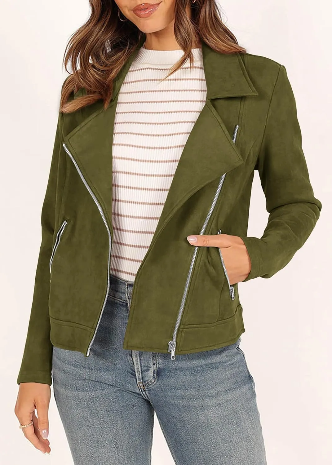 KIRUNDO Womens Faux Suede Jacket 2024 Fall Winter Clothes Casual Zipper Cropped Coat Bomber Biker Moto Jackets Outwear