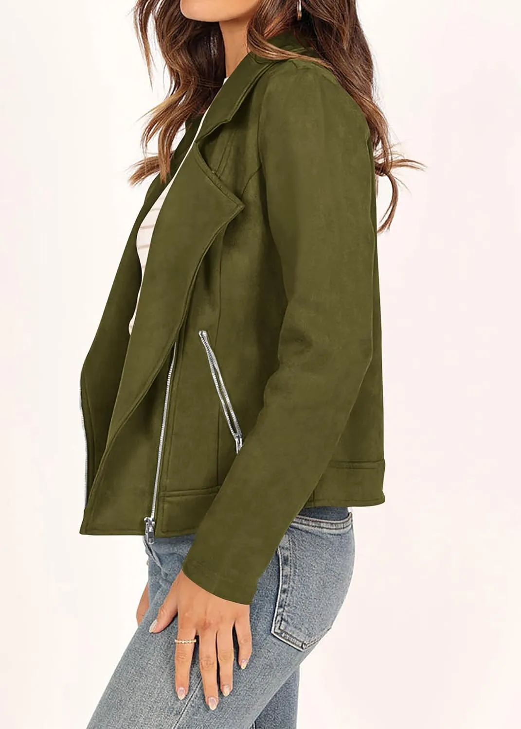 KIRUNDO Womens Faux Suede Jacket 2024 Fall Winter Clothes Casual Zipper Cropped Coat Bomber Biker Moto Jackets Outwear