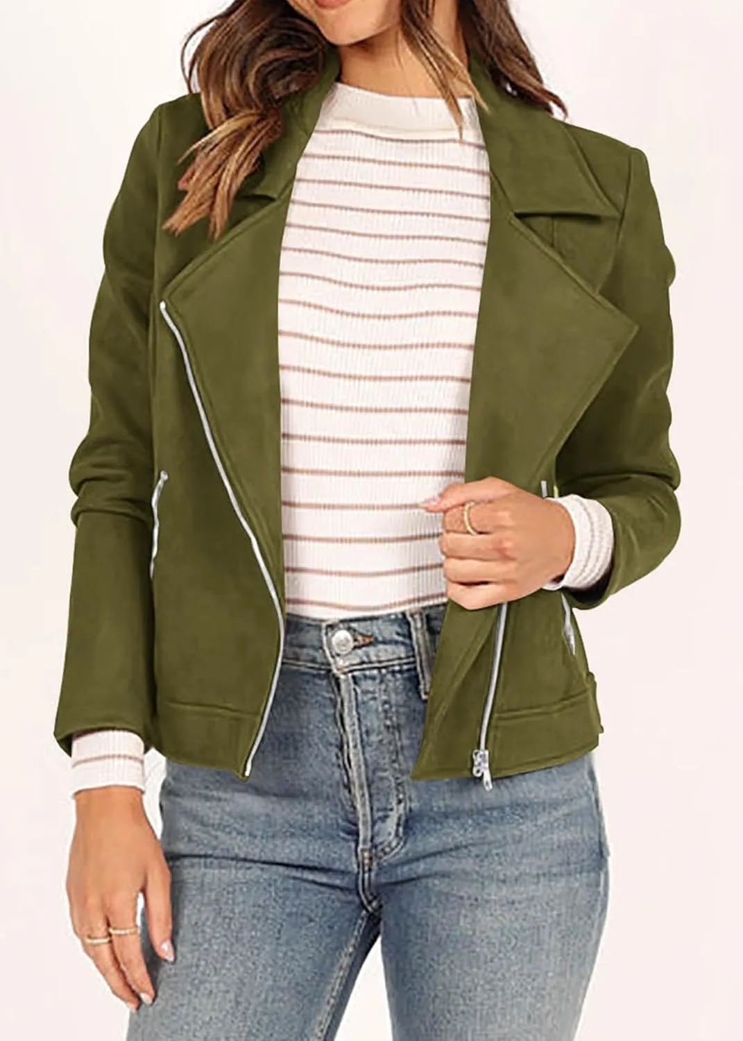 KIRUNDO Womens Faux Suede Jacket 2024 Fall Winter Clothes Casual Zipper Cropped Coat Bomber Biker Moto Jackets Outwear