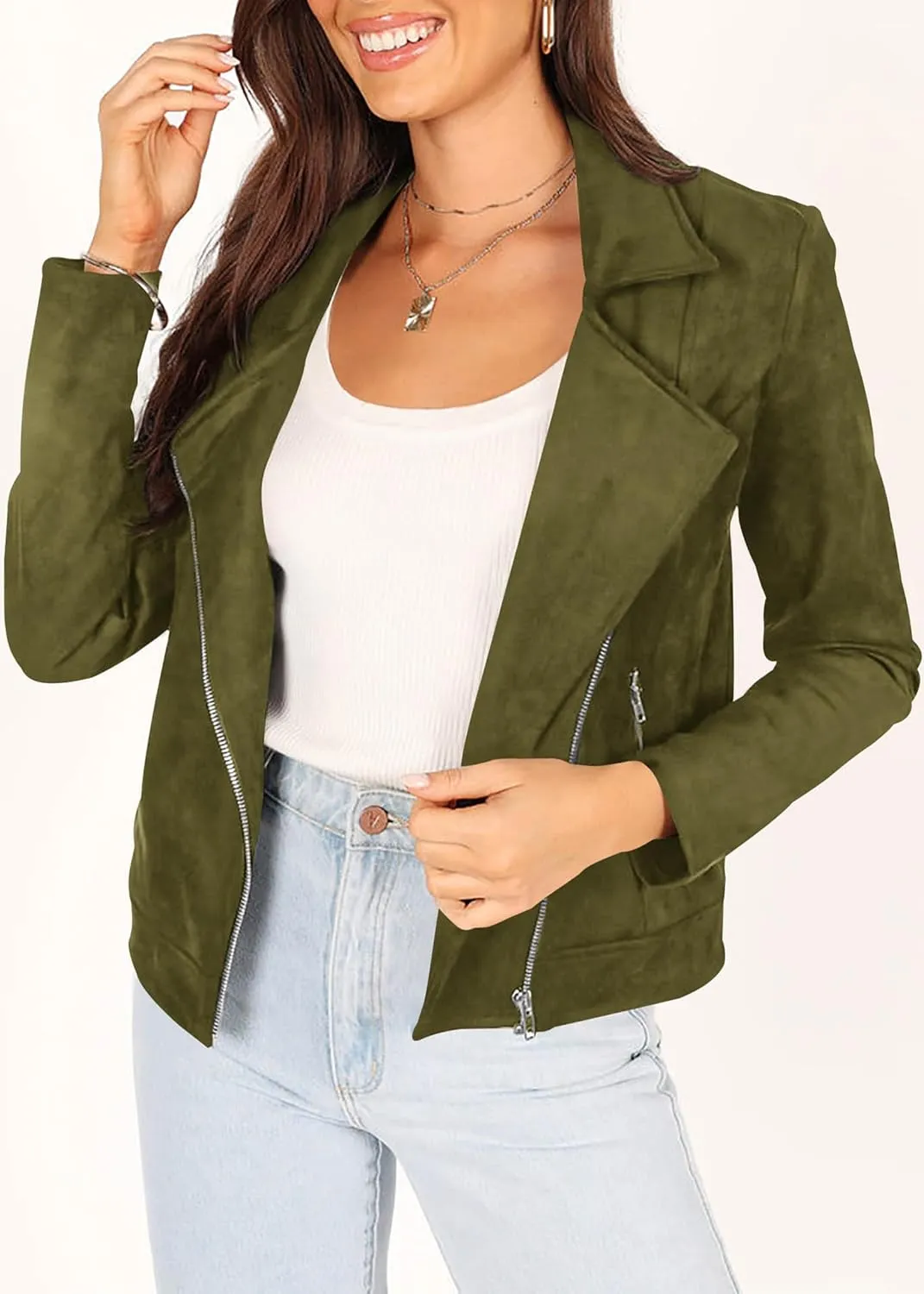KIRUNDO Womens Faux Suede Jacket 2024 Fall Winter Clothes Casual Zipper Cropped Coat Bomber Biker Moto Jackets Outwear