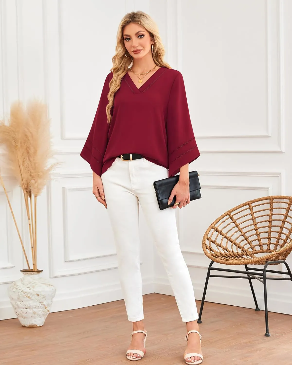 Lotusmile Women Fashion V Neck Chiffon Blouses 3/4 Bell Sleeve Shirts Casual Dressy Work Tops