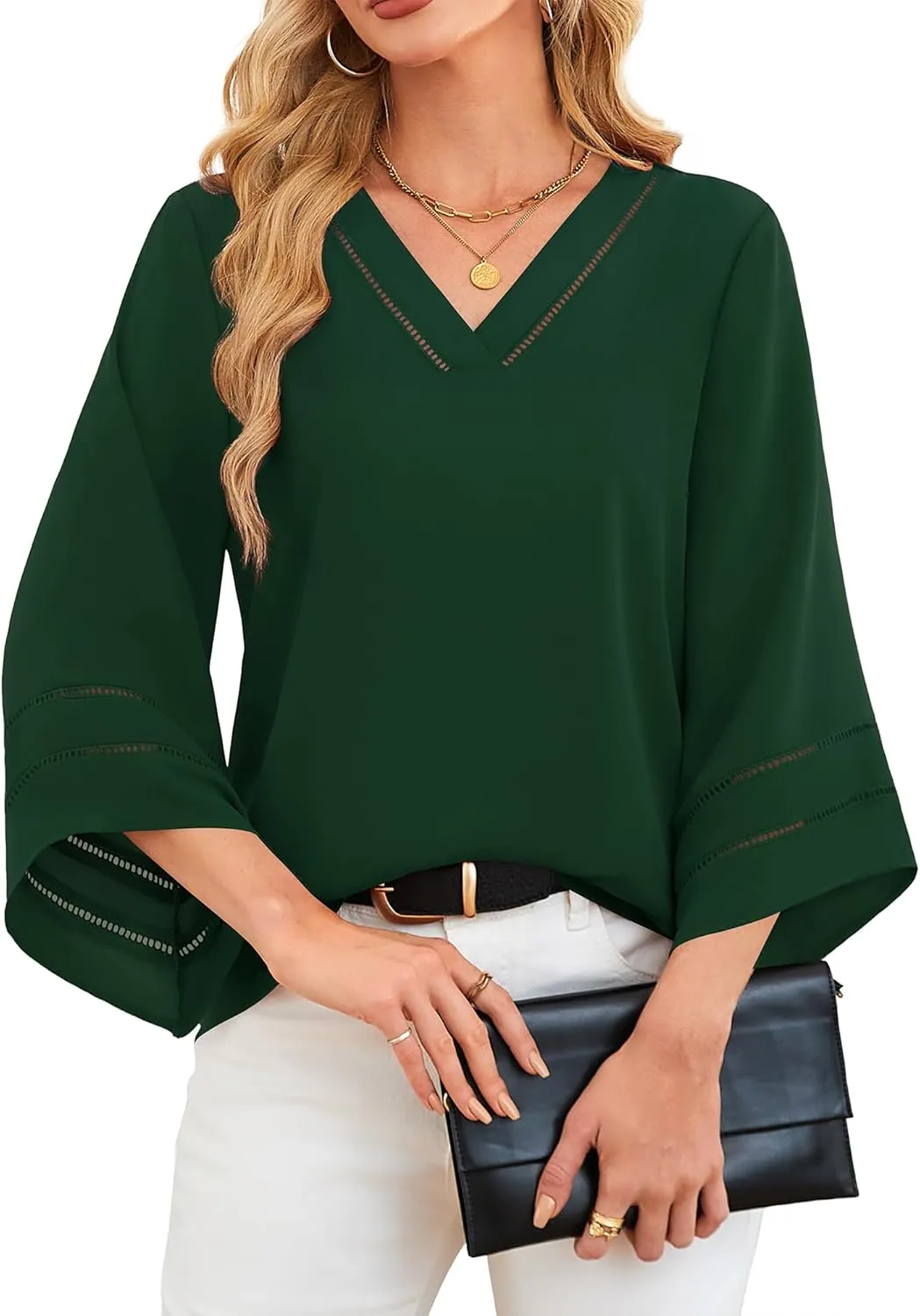 Lotusmile Women Fashion V Neck Chiffon Blouses 3/4 Bell Sleeve Shirts Casual Dressy Work Tops
