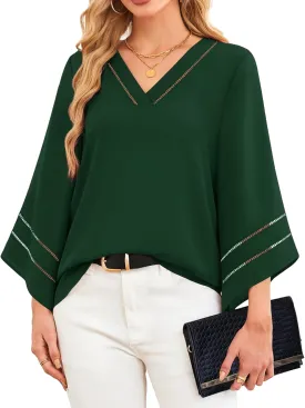 Lotusmile Women Fashion V Neck Chiffon Blouses 3/4 Bell Sleeve Shirts Casual Dressy Work Tops