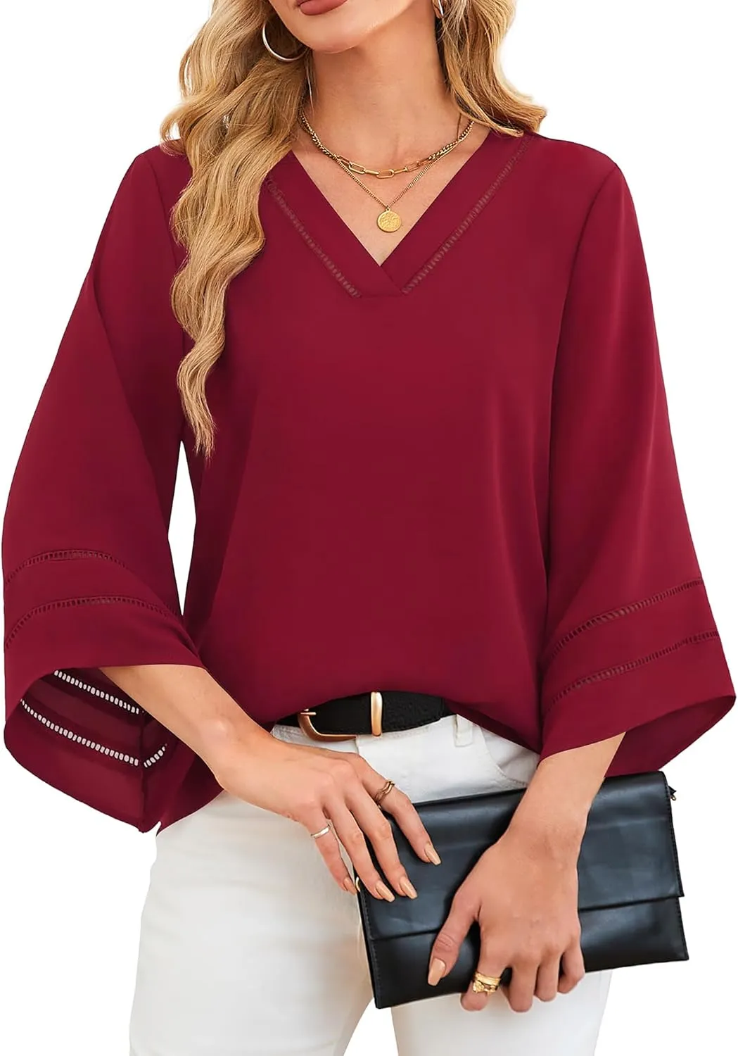 Lotusmile Women Fashion V Neck Chiffon Blouses 3/4 Bell Sleeve Shirts Casual Dressy Work Tops