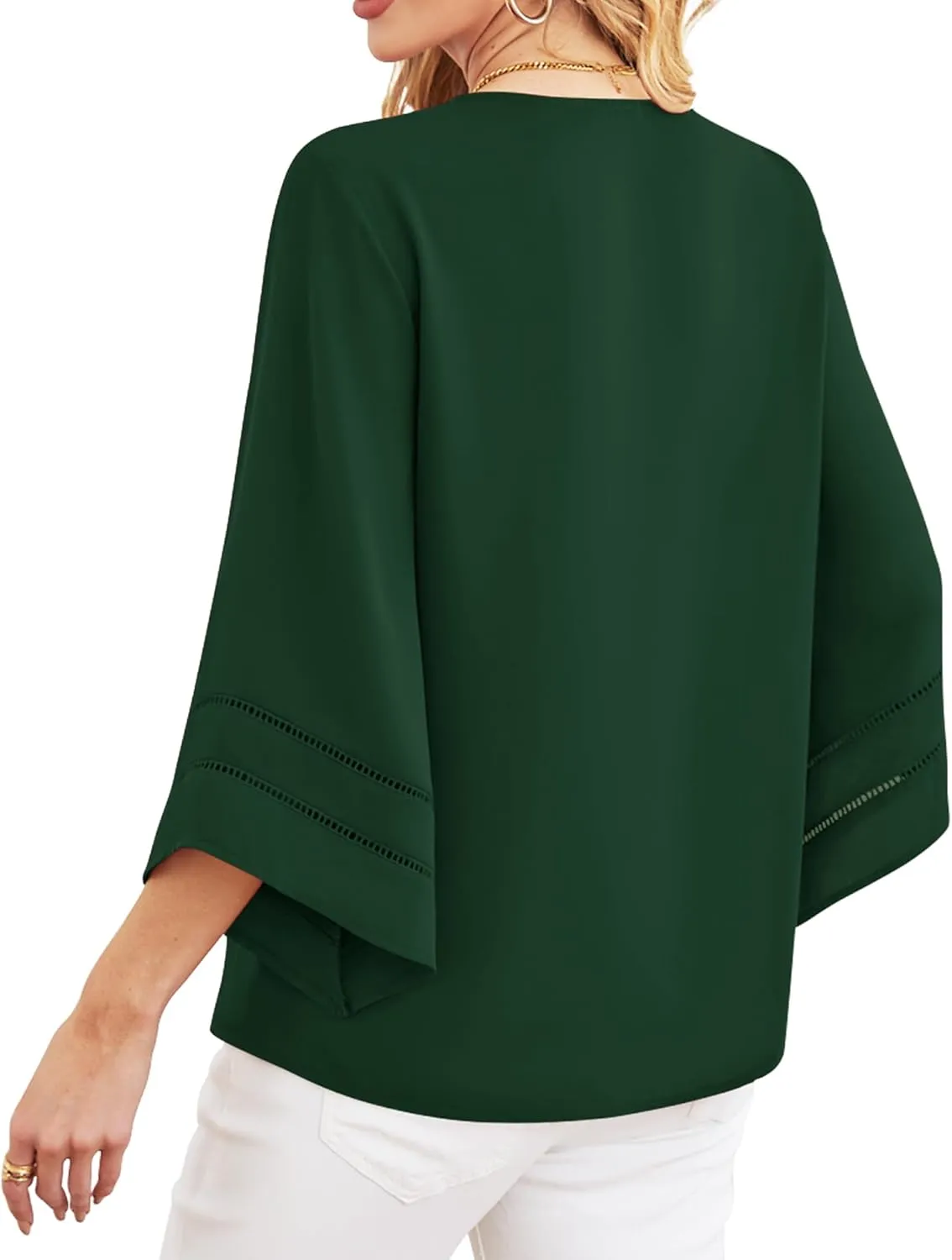 Lotusmile Women Fashion V Neck Chiffon Blouses 3/4 Bell Sleeve Shirts Casual Dressy Work Tops