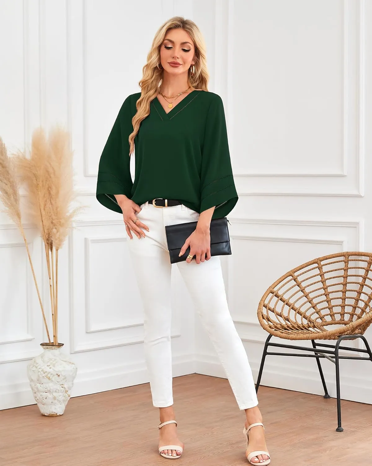Lotusmile Women Fashion V Neck Chiffon Blouses 3/4 Bell Sleeve Shirts Casual Dressy Work Tops