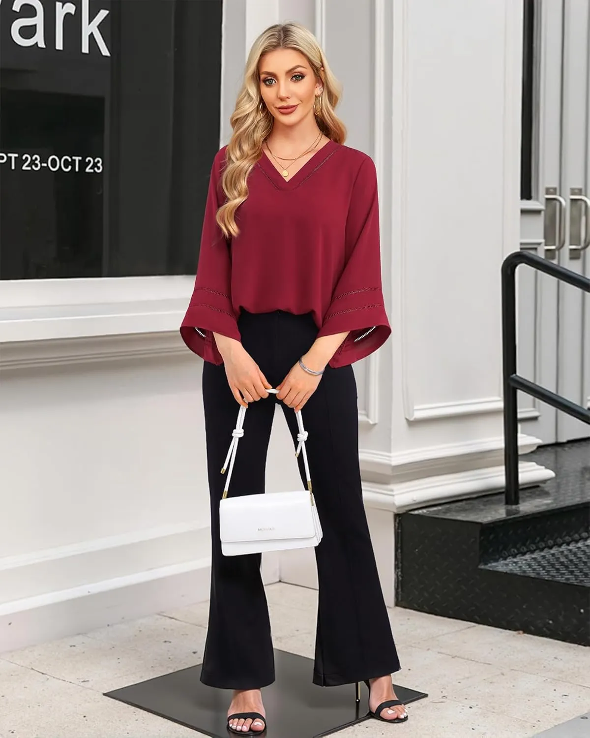 Lotusmile Women Fashion V Neck Chiffon Blouses 3/4 Bell Sleeve Shirts Casual Dressy Work Tops