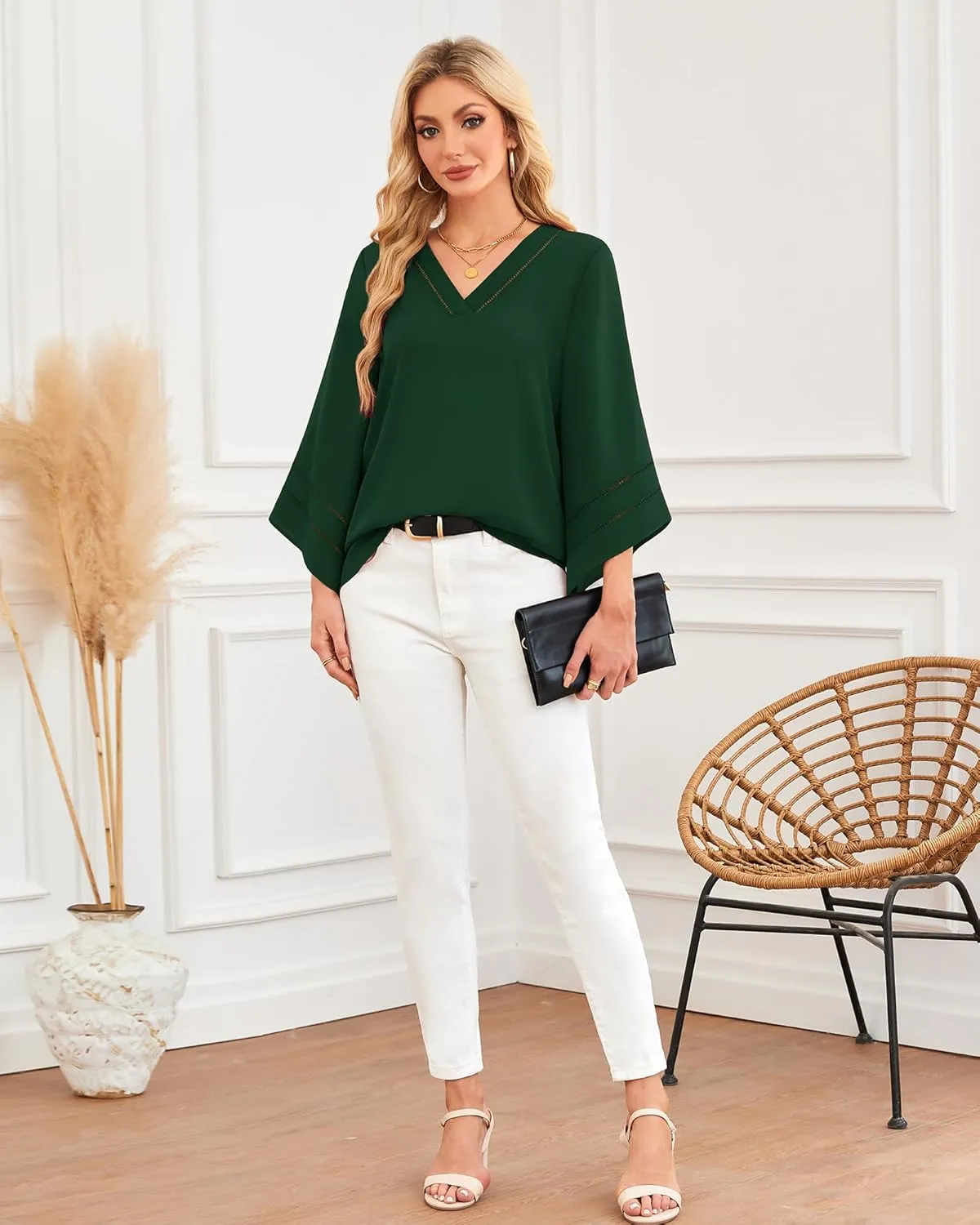 Lotusmile Women Fashion V Neck Chiffon Blouses 3/4 Bell Sleeve Shirts Casual Dressy Work Tops