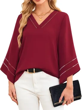 Lotusmile Women Fashion V Neck Chiffon Blouses 3/4 Bell Sleeve Shirts Casual Dressy Work Tops